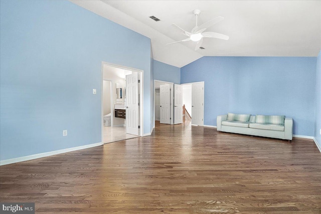 5342 Saint James Pl, Frederick, MD 21703 - unfurnished bedroom featuring high vaulted ceiling, visible vents, baseboards, wood finished floors, and ensuite bathroom