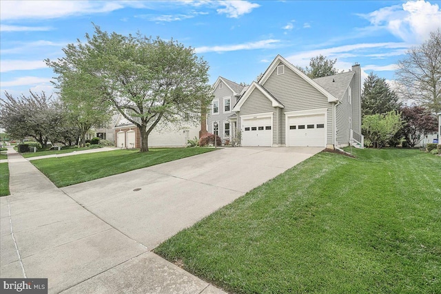 5342 Saint James Pl, Frederick, MD 21703 - view of front of house featuring a chimney, concrete driveway, an attached garage, and a front lawn