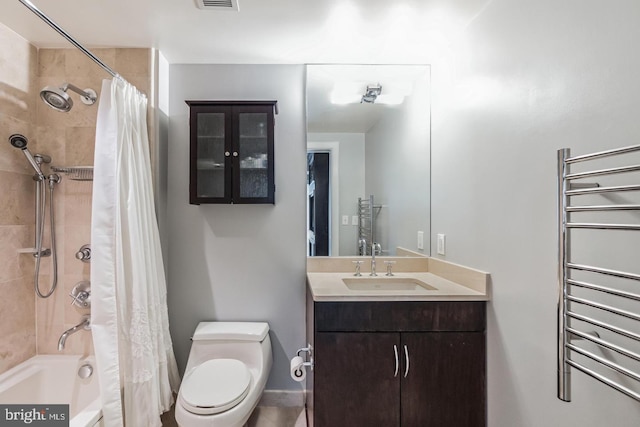 1111 19th St N Unit 1804, Arlington, VA 22209 - bathroom featuring toilet, visible vents, radiator heating unit, shower / bath combo with shower curtain, and vanity