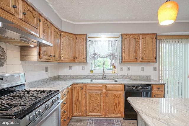 619 Walden Way, Lumberton, NJ 08048 - kitchen with stainless steel gas stove, black dishwasher, under cabinet range hood, a sink, and backsplash