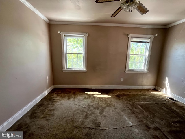 721 Tuckerman St NW, Washington, DC 20011 - spare room with baseboards, ceiling fan, carpet floors, and crown molding