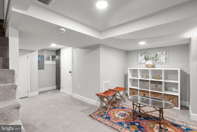 221 Williamsburg Dr, Silver Spring, MD 20901 - game room with baseboards, visible vents, electric panel, and carpet floors