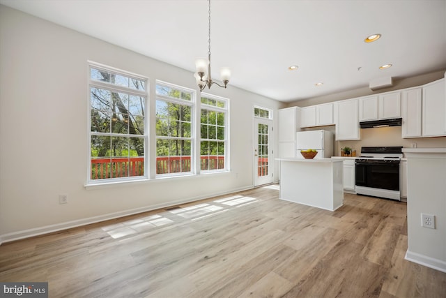 13416 Ansel Ter, Germantown, MD 20874 - kitchen with ventilation hood, white appliances, light countertops, a chandelier, and light wood-type flooring