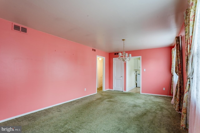 unfurnished room with an inviting chandelier, baseboards, carpet flooring, and visible vents