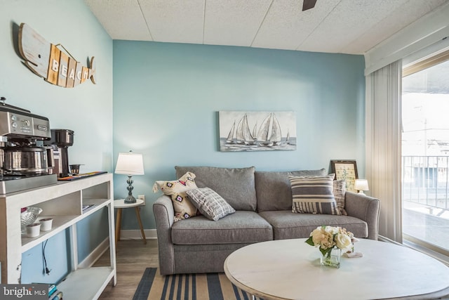 living room with baseboards and wood finished floors