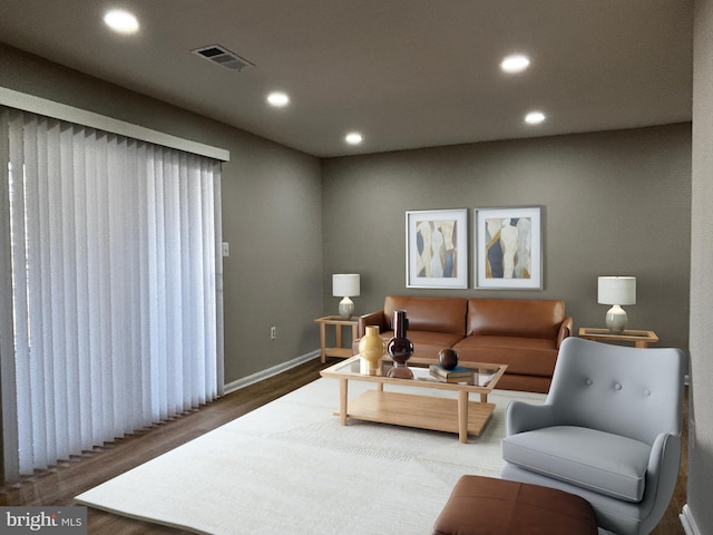 living room featuring recessed lighting, wood finished floors, visible vents, and baseboards