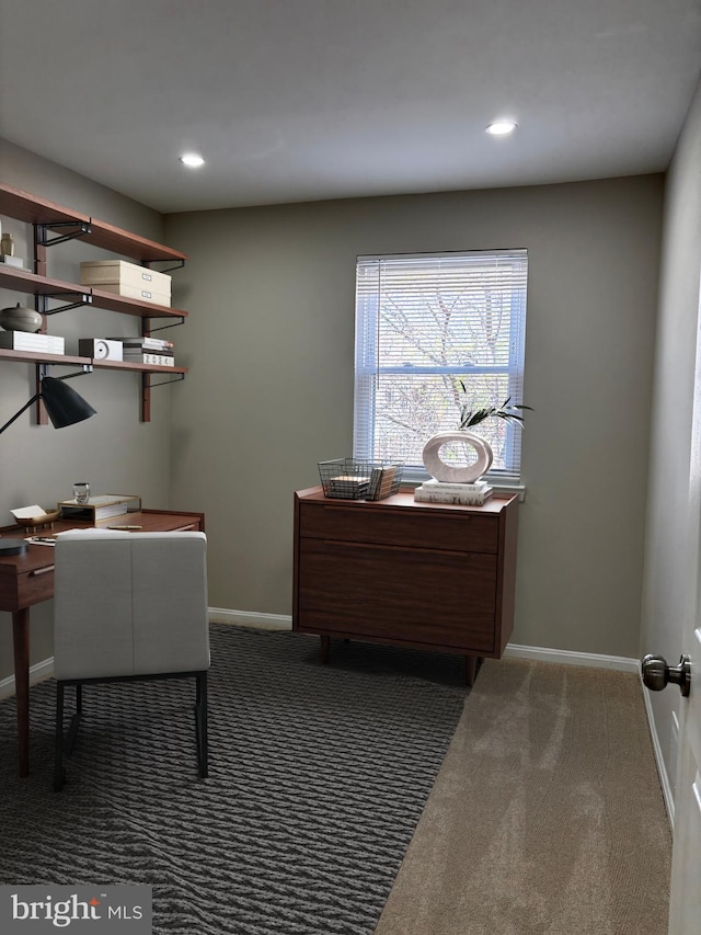 carpeted home office with baseboards and recessed lighting
