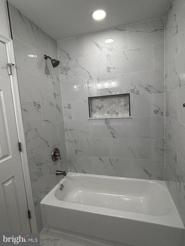 full bathroom featuring shower / bathing tub combination, marble finish floor, and recessed lighting