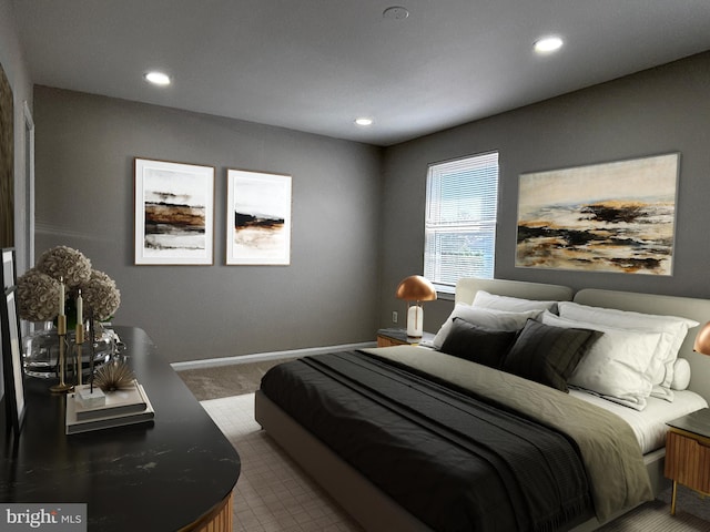 bedroom featuring baseboards, carpet flooring, and recessed lighting