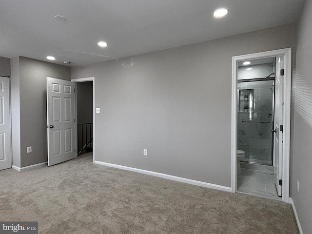 unfurnished bedroom with recessed lighting, carpet flooring, and baseboards