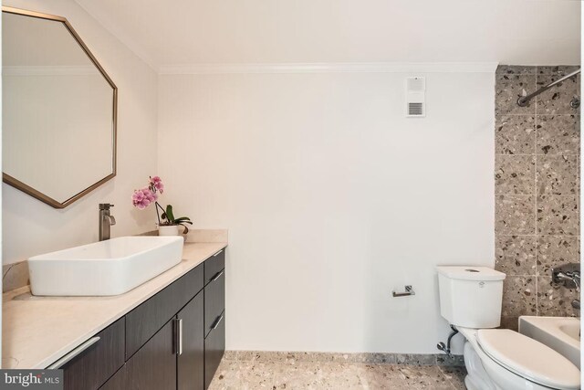 250 President St Unit 1001, Baltimore, MD 21202 - bathroom featuring walk in shower, toilet, crown molding, and vanity