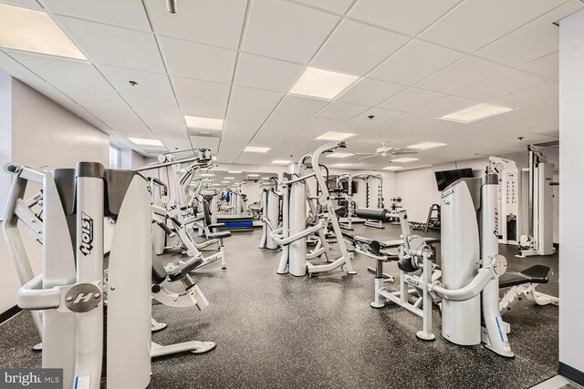 250 President St Unit 1001, Baltimore, MD 21202 - exercise room featuring a ceiling fan and a paneled ceiling