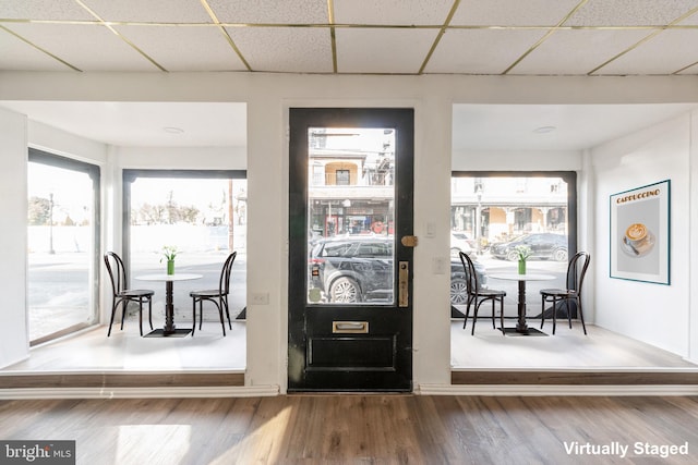 entrance foyer with wood finished floors, a drop ceiling, and a healthy amount of sunlight