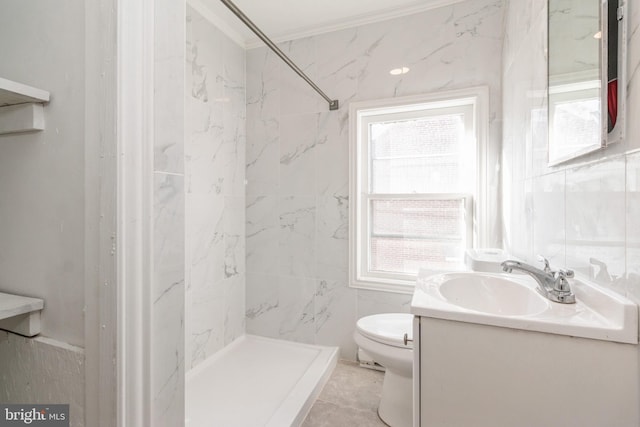 full bath featuring toilet, a stall shower, vanity, and ornamental molding