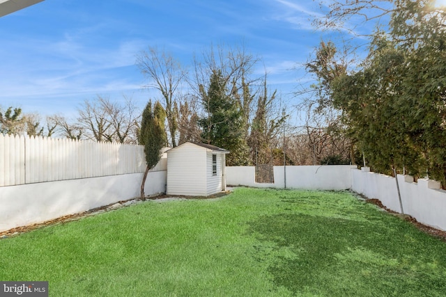 view of yard with an outbuilding, a fenced backyard, and a storage unit