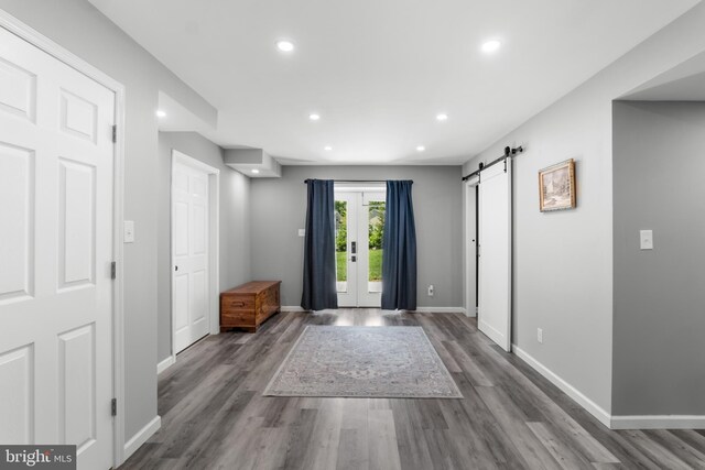 145 Rolling Ave, North East, MD 21901 - entrance foyer featuring a barn door, wood finished floors, recessed lighting, baseboards, and french doors
