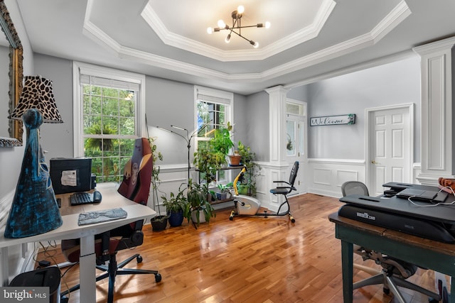 145 Rolling Ave, North East, MD 21901 - home office with ornate columns, a raised ceiling, ornamental molding, wood-type flooring, and a chandelier