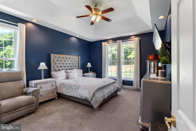 145 Rolling Ave, North East, MD 21901 - carpeted bedroom featuring multiple windows, a tray ceiling, recessed lighting, and ceiling fan