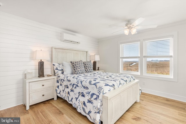 12353 Meadow Dr, Berlin, MD 21811 - bedroom with a wall mounted air conditioner, light wood finished floors, crown molding, and wooden walls