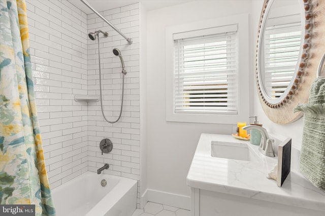 12353 Meadow Dr, Berlin, MD 21811 - bathroom with tile patterned floors, shower / bath combo with shower curtain, vanity, and baseboards