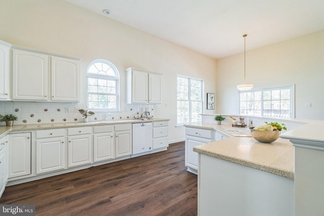 kitchen featuring dark wood-style flooring, white dishwasher, backsplash, white cabinetry, and pendant lighting