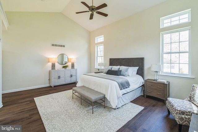 bedroom featuring visible vents, high vaulted ceiling, a ceiling fan, and dark wood finished floors