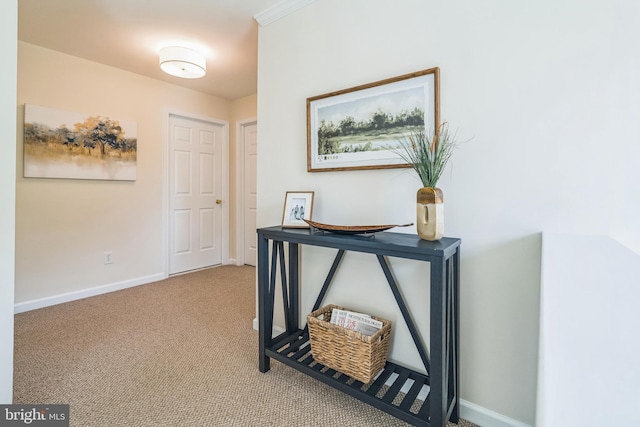 corridor featuring baseboards and light carpet