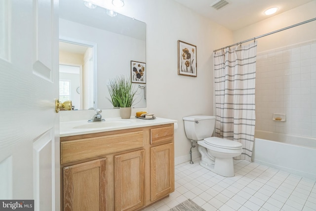 full bath with tile patterned floors, shower / bath combo, toilet, vanity, and visible vents