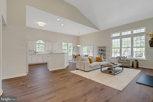 living room with dark wood-type flooring, high vaulted ceiling, and baseboards