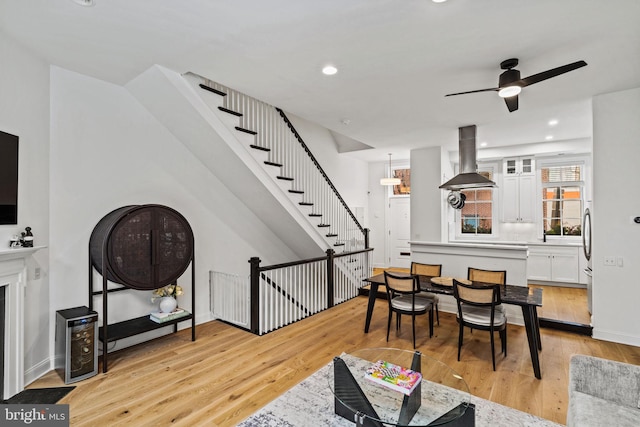 929 S 2nd St, Philadelphia, PA 19147 - living room featuring light wood-style floors, ceiling fan, recessed lighting, baseboards, and stairway