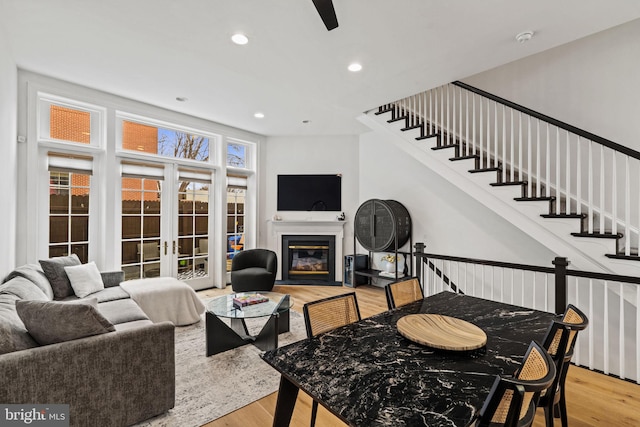 929 S 2nd St, Philadelphia, PA 19147 - living area featuring light wood-style floors, french doors, stairway, recessed lighting, and a ceiling fan