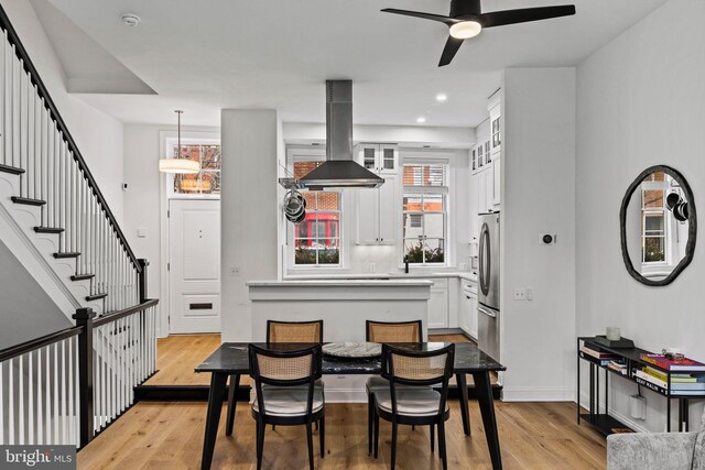 929 S 2nd St, Philadelphia, PA 19147 - dining space with light wood-style floors, ceiling fan, recessed lighting, and stairway