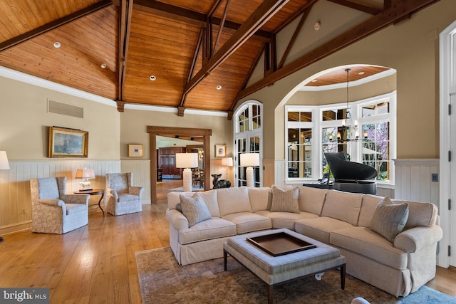 living room featuring wood ceiling, visible vents, a wainscoted wall, high vaulted ceiling, and hardwood / wood-style floors