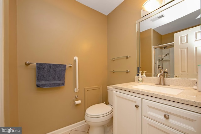 bathroom with vanity, tile patterned floors, toilet, a stall shower, and visible vents