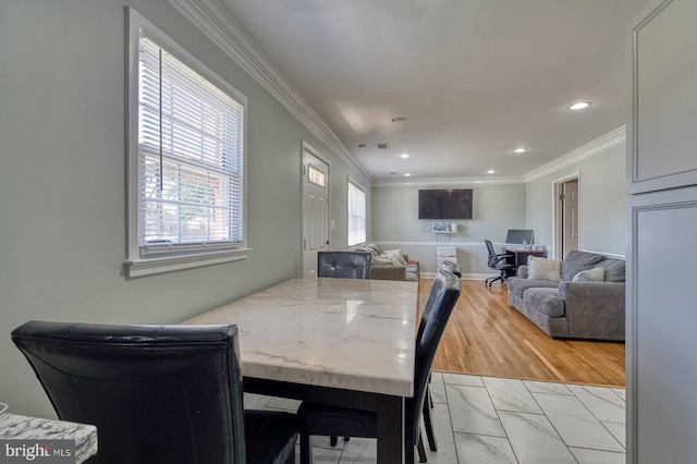 9444 Lafayette Ave, Manassas, VA 20109 - dining area featuring crown molding, recessed lighting, light marble finish flooring, and a desk