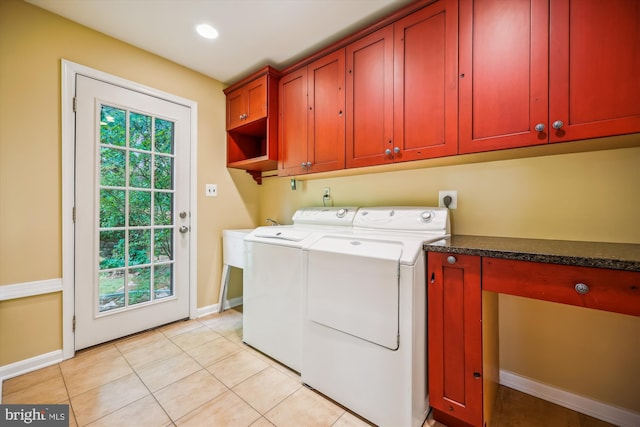 9127 Friars Rd, Bethesda, MD 20817 - laundry room with cabinet space, washing machine and dryer, baseboards, light tile patterned floors, and recessed lighting