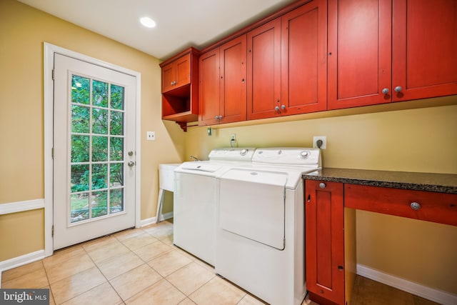 9127 Friars Rd, Bethesda, MD 20817 - laundry room with cabinet space, washer and clothes dryer, baseboards, light tile patterned floors, and recessed lighting
