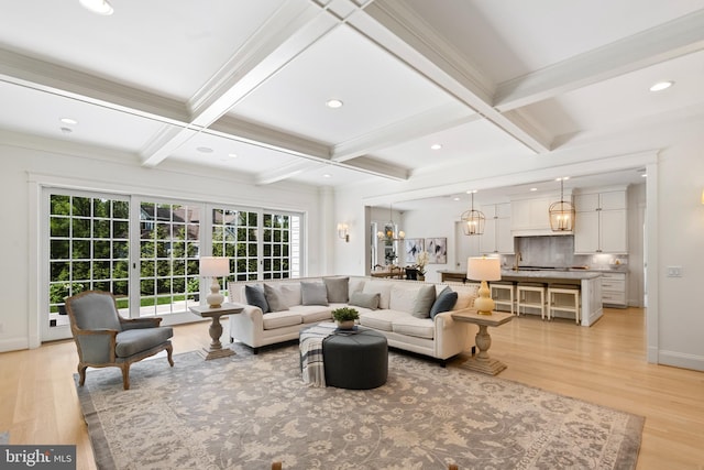 9850 Jerry Ln, Vienna, VA 22180 - living area featuring plenty of natural light, light wood-style flooring, coffered ceiling, beam ceiling, and recessed lighting