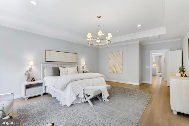 9850 Jerry Ln, Vienna, VA 22180 - bedroom with a raised ceiling, a chandelier, light wood-type flooring, baseboards, and crown molding