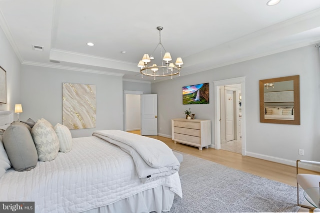 9850 Jerry Ln, Vienna, VA 22180 - bedroom featuring a chandelier, light wood finished floors, a raised ceiling, baseboards, and ornamental molding