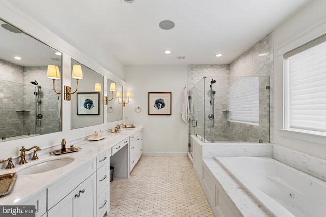 9850 Jerry Ln, Vienna, VA 22180 - full bathroom featuring a stall shower, double vanity, a jetted tub, recessed lighting, and baseboards