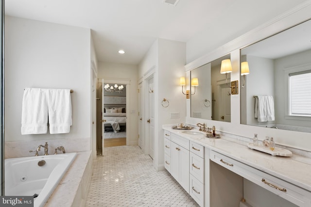 9850 Jerry Ln, Vienna, VA 22180 - full bathroom with vanity, a whirlpool tub, connected bathroom, a chandelier, and recessed lighting
