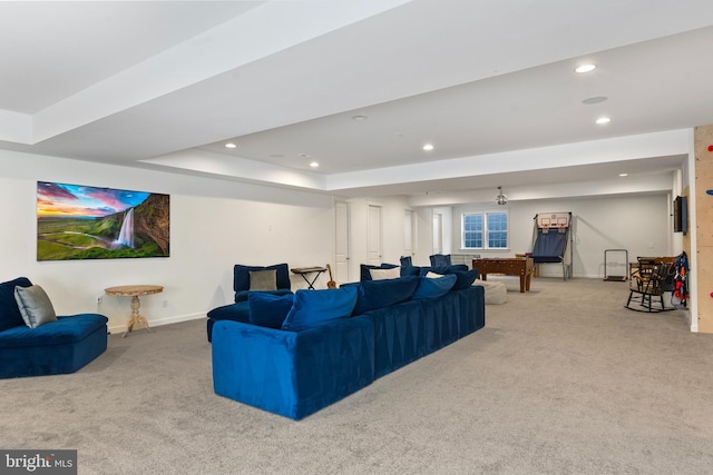 9850 Jerry Ln, Vienna, VA 22180 - living room featuring carpet floors, recessed lighting, baseboards, and a tray ceiling