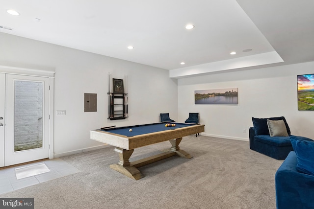 9850 Jerry Ln, Vienna, VA 22180 - rec room with carpet floors, billiards table, recessed lighting, electric panel, and baseboards