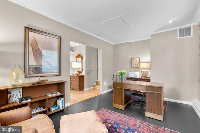 735 Dividing Rd, Severna Park, MD 21146 - office space with crown molding, visible vents, attic access, and baseboards