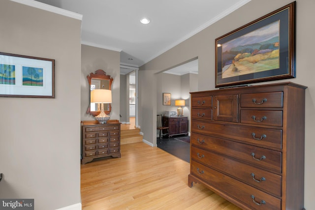 735 Dividing Rd, Severna Park, MD 21146 - bedroom featuring baseboards, recessed lighting, ornamental molding, and light wood finished floors