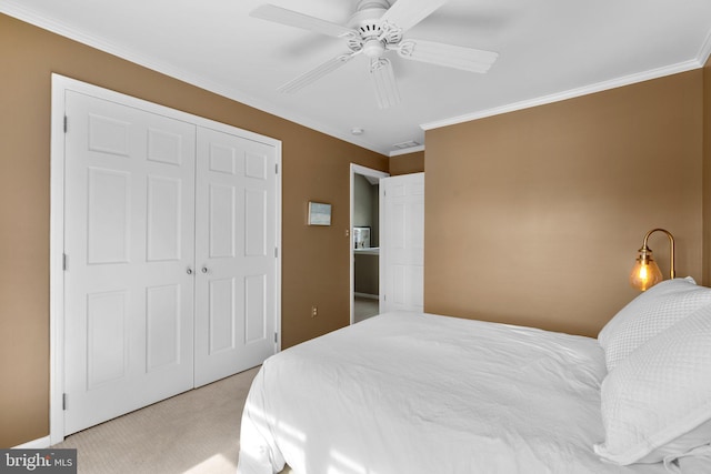 735 Dividing Rd, Severna Park, MD 21146 - bedroom featuring ceiling fan, carpet floors, a closet, and crown molding