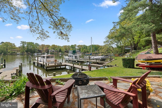 735 Dividing Rd, Severna Park, MD 21146 - view of dock with a fire pit, a yard, and a water view