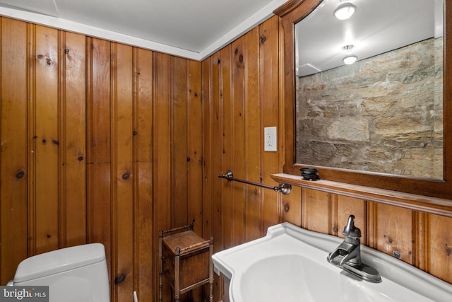 65 W Green St, Westminster, MD 21157 - bathroom featuring wooden walls, toilet, and a sink