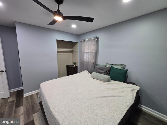 401 Timberline Dr, Mount Laurel, NJ 08054 - bedroom featuring dark wood-type flooring, baseboards, ceiling fan, recessed lighting, and a closet